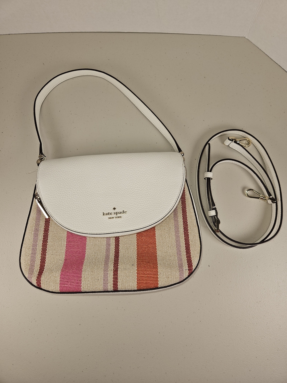 Kate Spade Leila Leather Flap Shoulder White Multi Color Stripe Like New W Strap - Picture 4 of 16